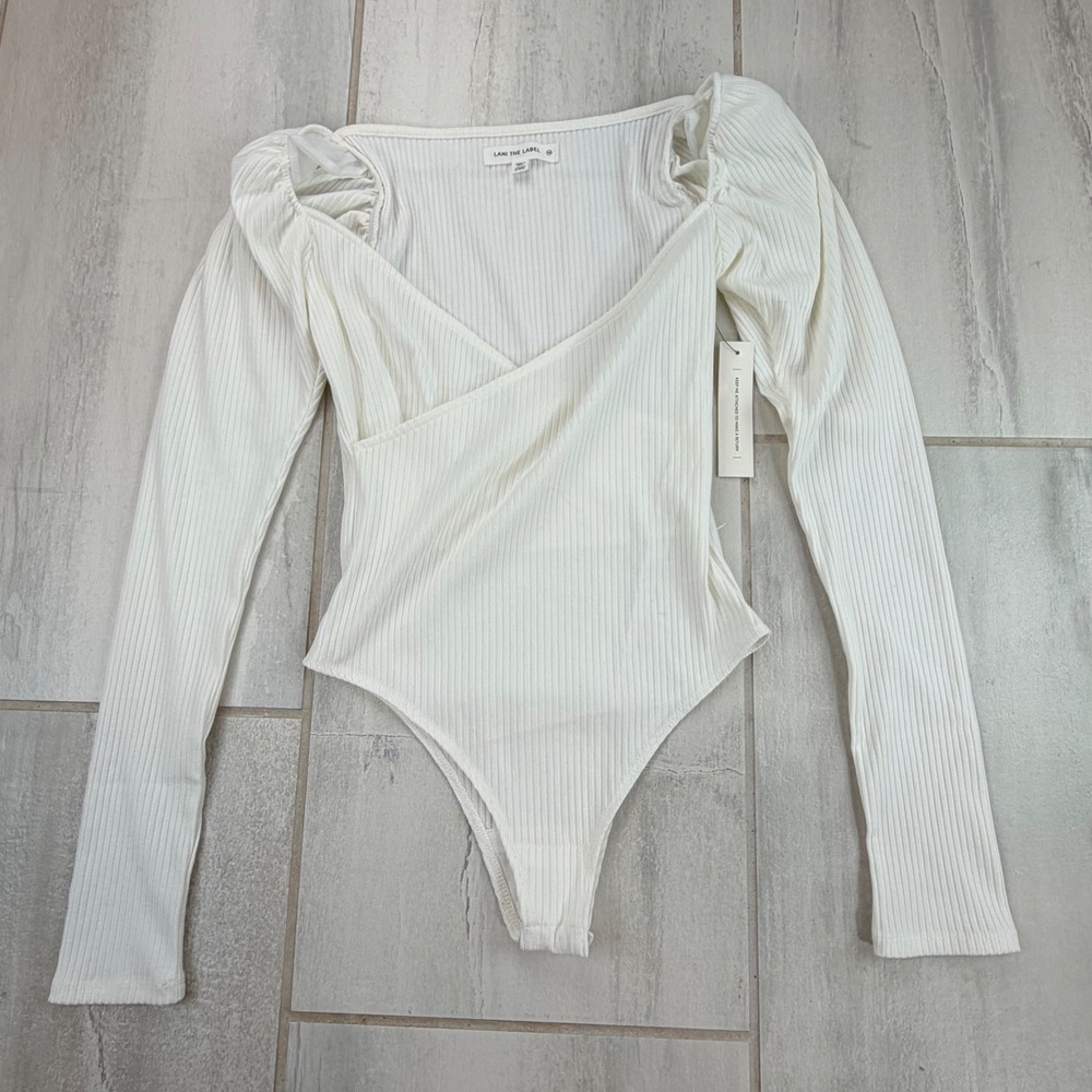 Lani The Label White Ribbed Wrap Bodysuit Puff Shoulder XS NEW